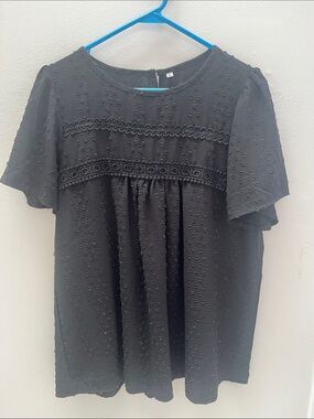 Black Textured Swiss Dot Babydoll Top - Women's
